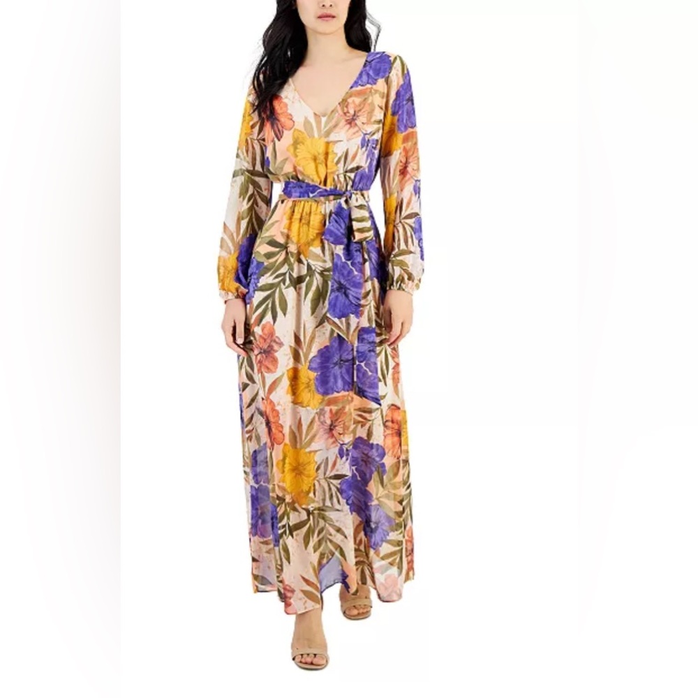 Anne Klein Floral V-Neck Chiffon Maxi Dress- Boho Romantic Print Size 12